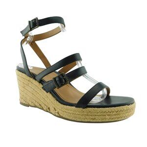 VIONIC Black Leather Adjustable Strap Espadrille Wedge Sandals 8.5